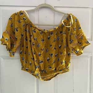 Bleuh Ciel Yellow Flutter Sleeve Smocked Crop Blouse